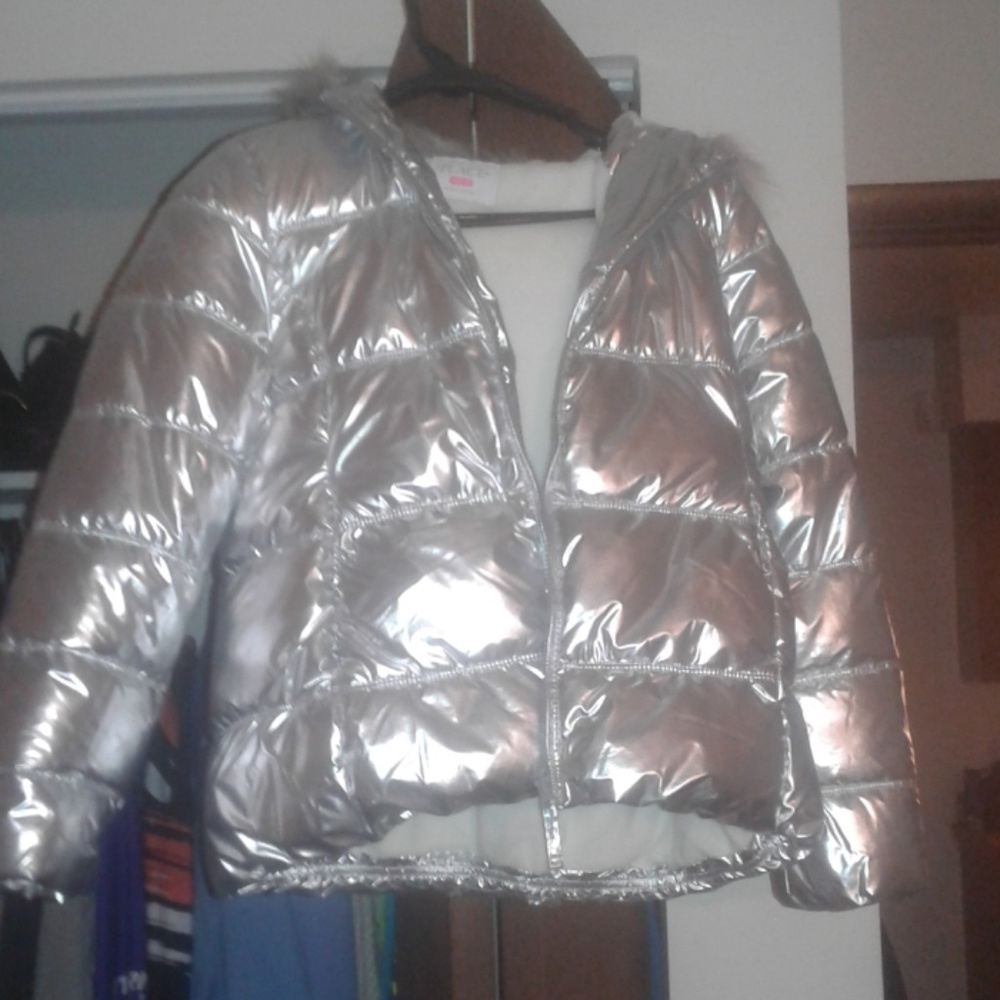 Girls Silver Puff Coat